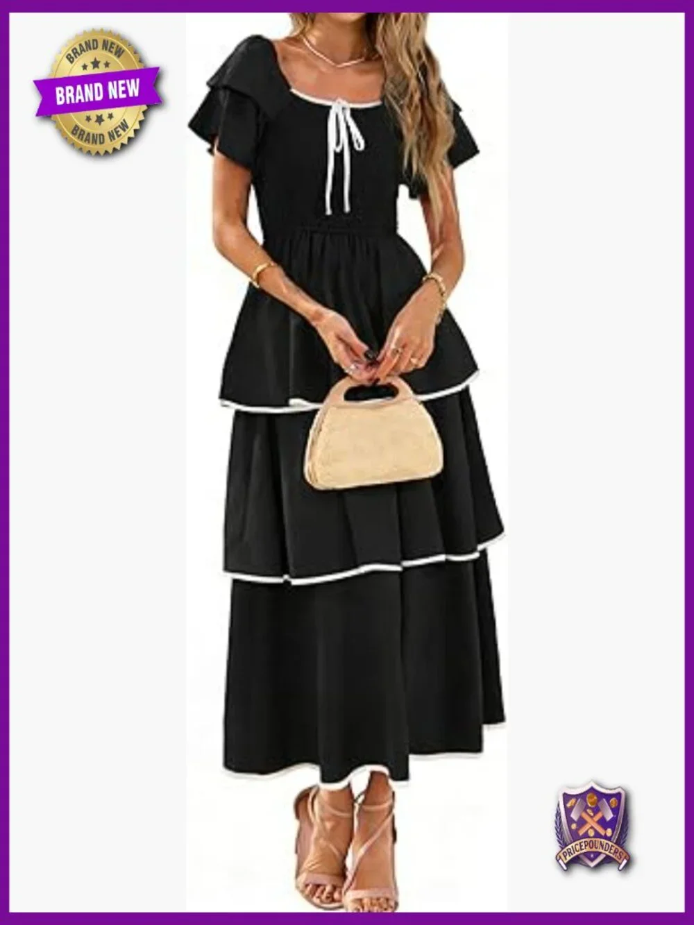 Smocked Tiered Midi Dress Square Neck Ruffle Short Sleeve Boho Flowy Guest - Picture 1 of 7